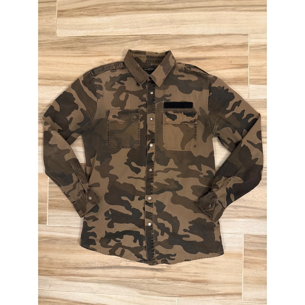 Bershka Mens Camo Utility Shirt World Rider Brown Green Snap Front Small